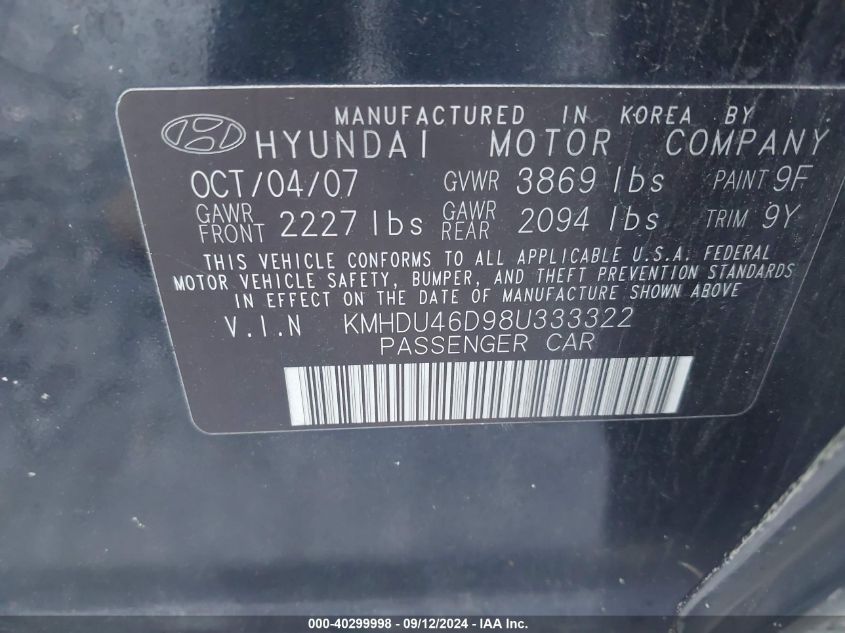 2008 Hyundai Elantra Gls/Se VIN: KMHDU46D98U333322 Lot: 40299998