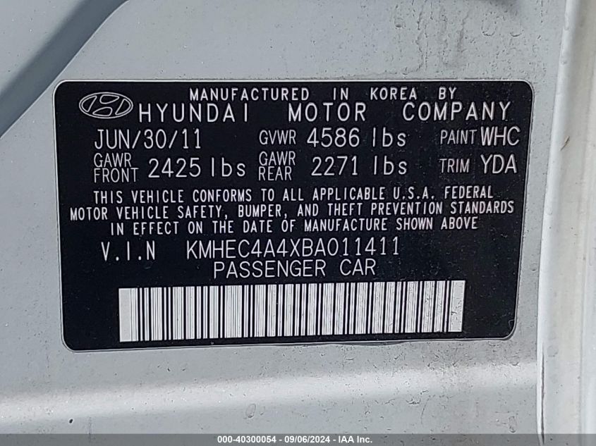 2011 Hyundai Sonata Hybrid VIN: KMHEC4A4XBA011411 Lot: 40300054