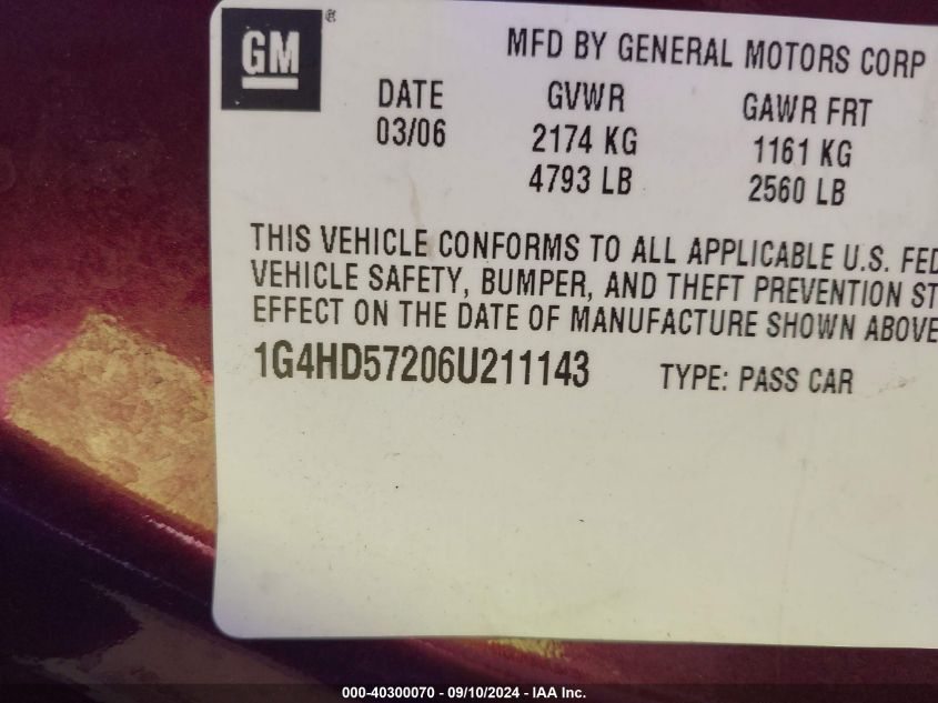 2006 Buick Lucerne Cxl VIN: 1G4HD57206U211143 Lot: 40300070