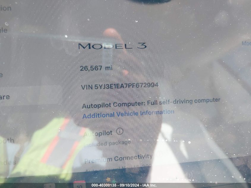 2023 Tesla Model 3 VIN: 5YJ3E1EA7PF672994 Lot: 40300135