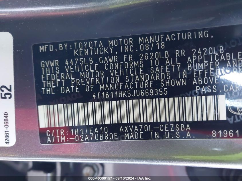 4T1B11HK5JU669355 2018 Toyota Camry L/Le/Xle/Se/Xse