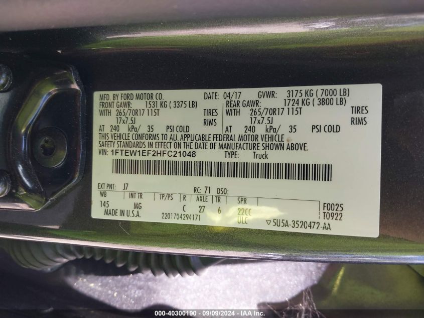 2017 Ford F-150 Xlt VIN: 1FTEW1EF2HFC21048 Lot: 40300190