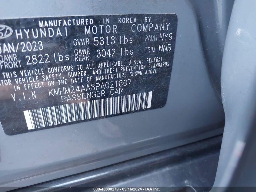 2023 Hyundai Ioniq 6 Se VIN: KMHM24AA3PA021807 Lot: 40300279