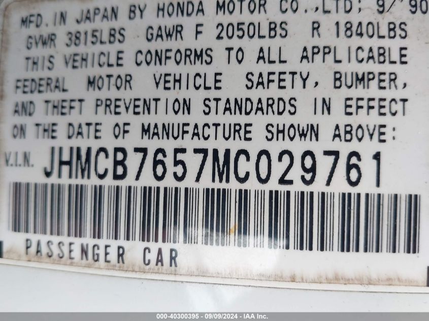 1991 Honda Accord Lx/Ex VIN: JHMCB7657MC029761 Lot: 40300395