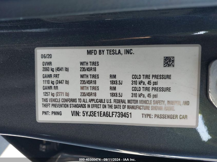 2020 TESLA MODEL 3 STANDARD RANGE PLUS REAR-WHEEL DRIVE/STANDARD RANGE REAR-WHEEL DRIVE - 5YJ3E1EA6LF739451