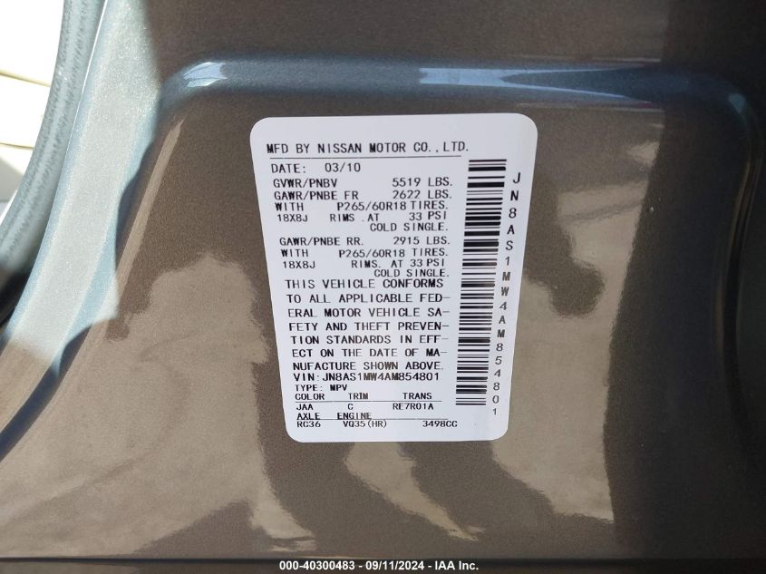 2010 Infiniti Fx35 VIN: JN8AS1MW4AM854801 Lot: 40300483