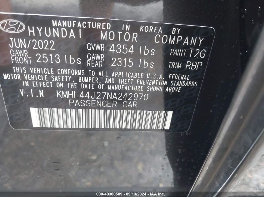 2022 Hyundai Sonata Sel Plus VIN: KMHL44J27NA242970 Lot: 40300509