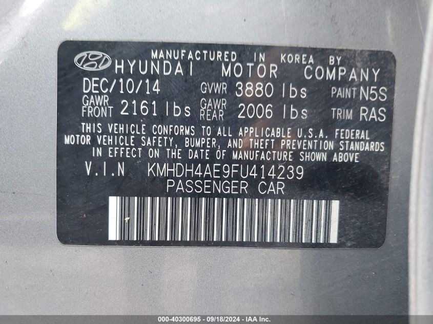 2015 Hyundai Elantra Se VIN: KMHDH4AE9FU414239 Lot: 40300695