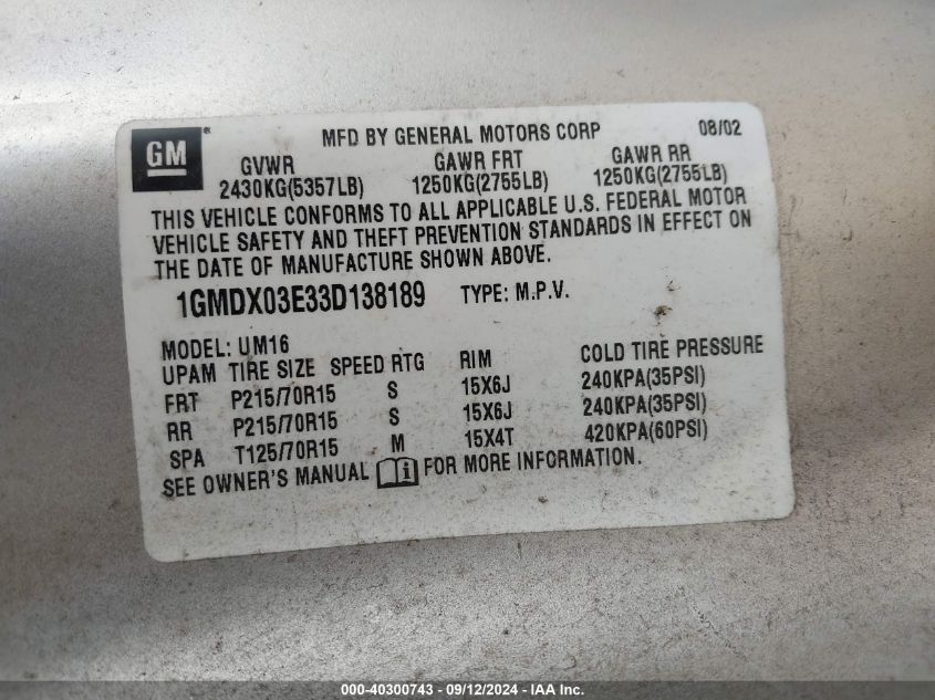 1GMDX03E33D138189 2003 Pontiac Montana