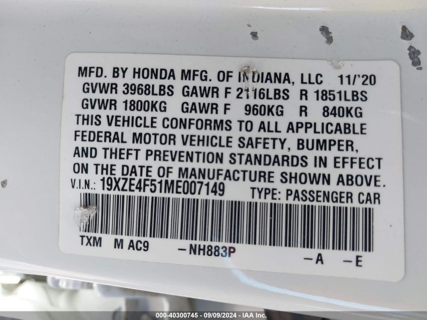 2021 Honda Insight Ex VIN: 19XZE4F51ME007149 Lot: 40300745