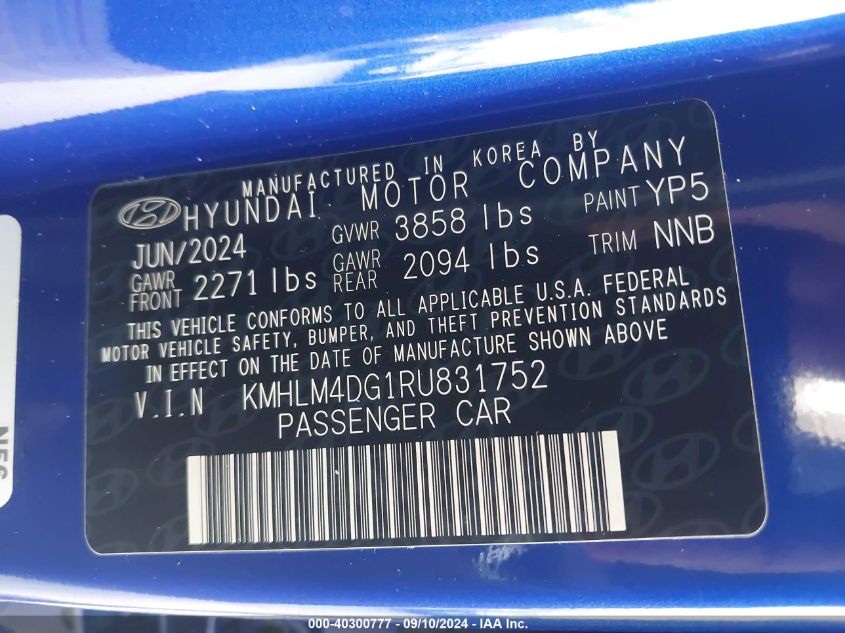 2024 Hyundai Elantra Sel VIN: KMHLM4DG1RU831752 Lot: 40300777