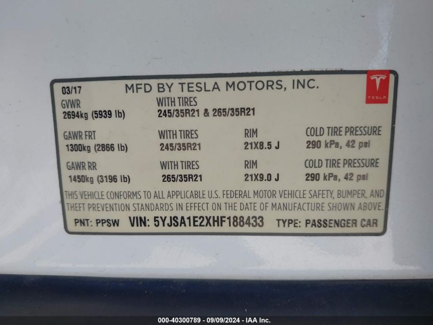 2017 Tesla Model S 100D/60D/75D/90D/P100D VIN: 5YJSA1E2XHF188433 Lot: 40300789