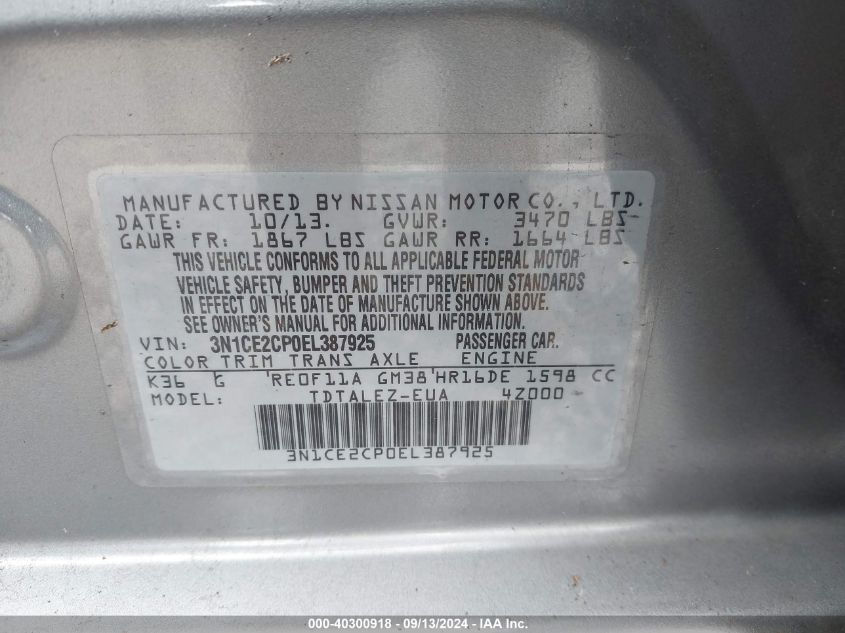 VIN 3N1CE2CP0EL387925 2014 Nissan Versa, Note SV no.9