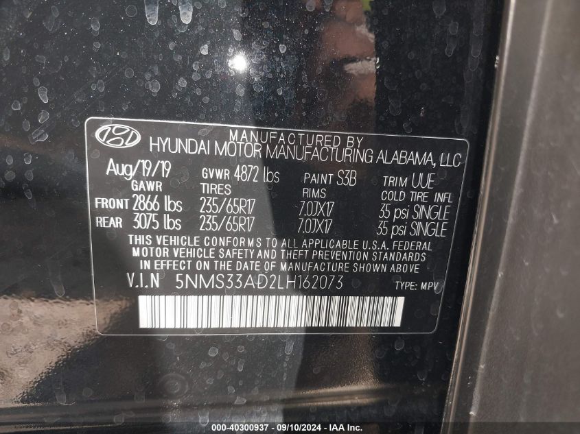 2020 Hyundai Santa Fe Sel/Sel Plus VIN: 5NMS33AD2LH162073 Lot: 40300937