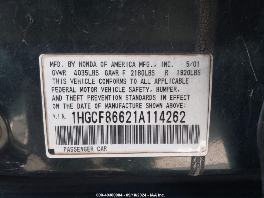 1HGCF86621A114262 2001 Honda Accord Value