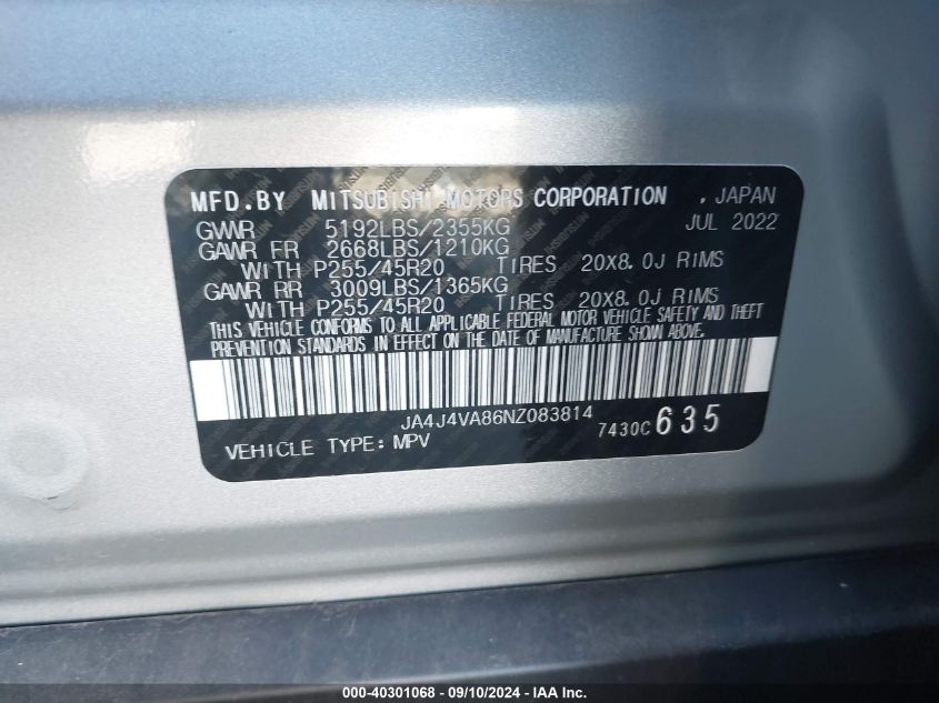 2022 Mitsubishi Outlander Sel 2.5 S-Awc VIN: JA4J4VA86NZ083814 Lot: 40301068