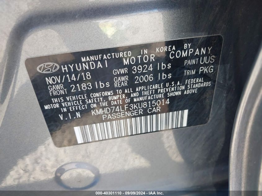 2019 Hyundai Elantra Se VIN: KMHD74LF3KU815014 Lot: 40301110