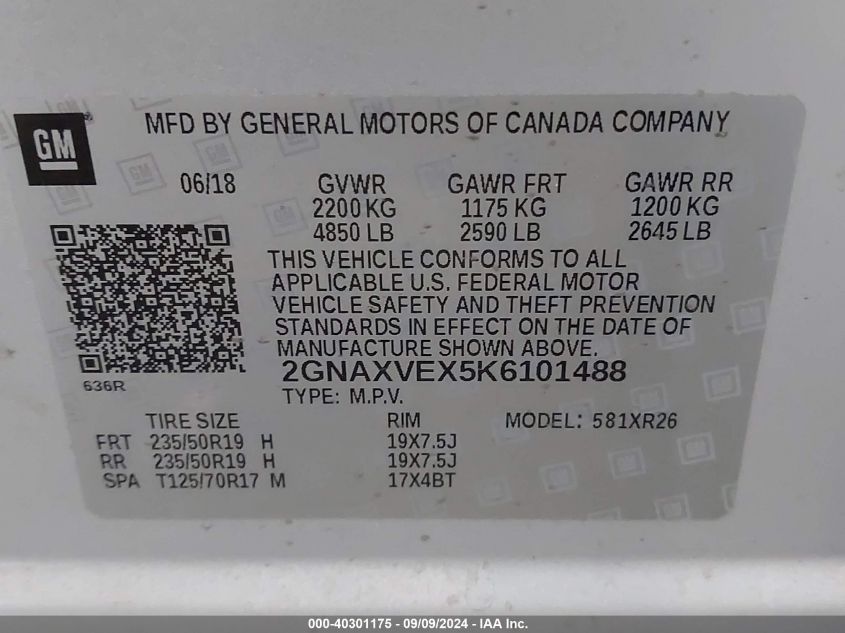 2GNAXVEX5K6101488 2019 Chevrolet Equinox Lt