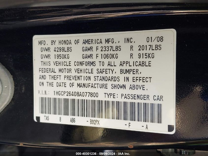 1HGCP26408A077800 2008 Honda Accord Lxp