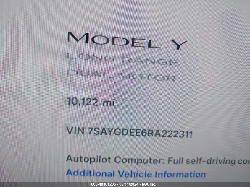 2024 Tesla Model Y Long Range Dual Motor All-Wheel Drive VIN: 7SAYGDEE6RA222311 Lot: 40301285