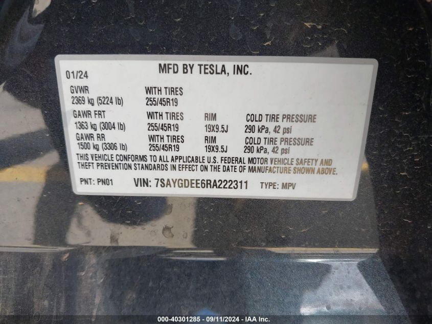 2024 Tesla Model Y Long Range Dual Motor All-Wheel Drive VIN: 7SAYGDEE6RA222311 Lot: 40301285