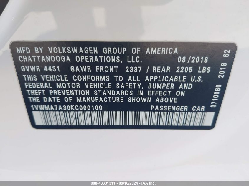 2019 Volkswagen Passat Se R-Line VIN: 1VWMA7A30KC000109 Lot: 40301311