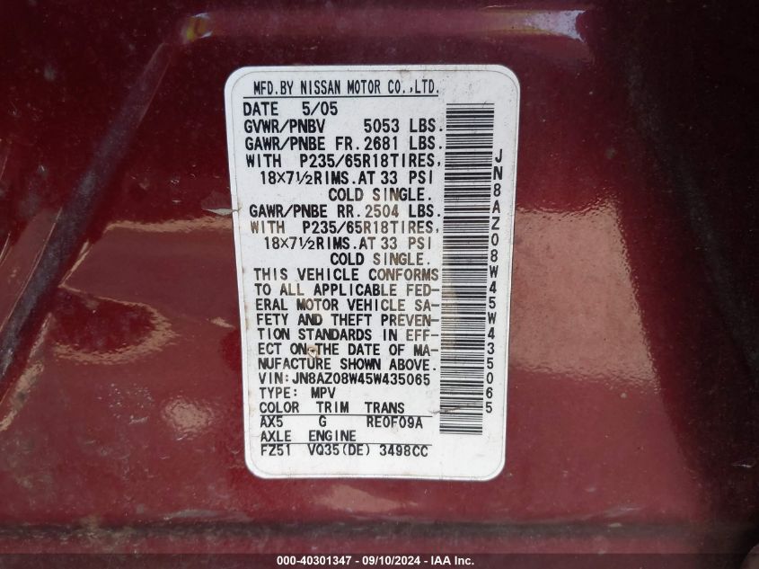 JN8AZ08W45W435065 2005 Nissan Murano Se