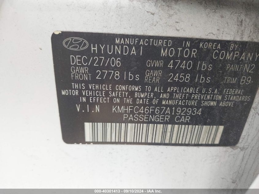 KMHFC46F67A192934 2007 Hyundai Azera Se/Limited