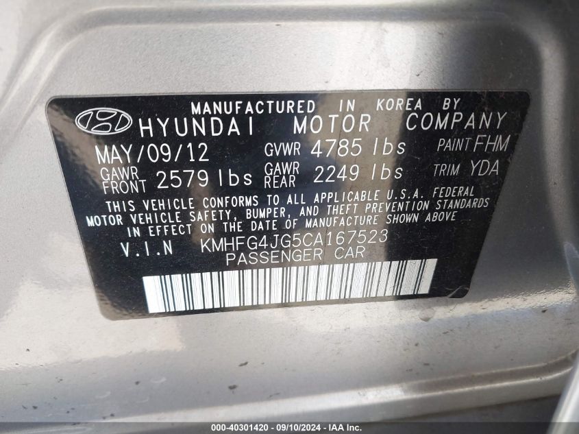 KMHFG4JG5CA167523 2012 Hyundai Azera