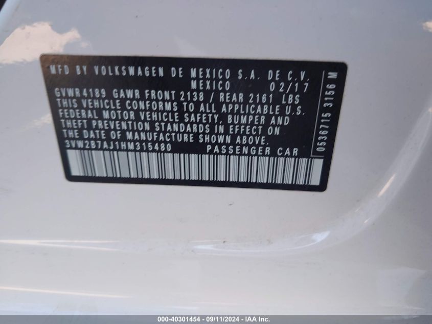 2017 VOLKSWAGEN JETTA 1.4T S - 3VW2B7AJ1HM315480