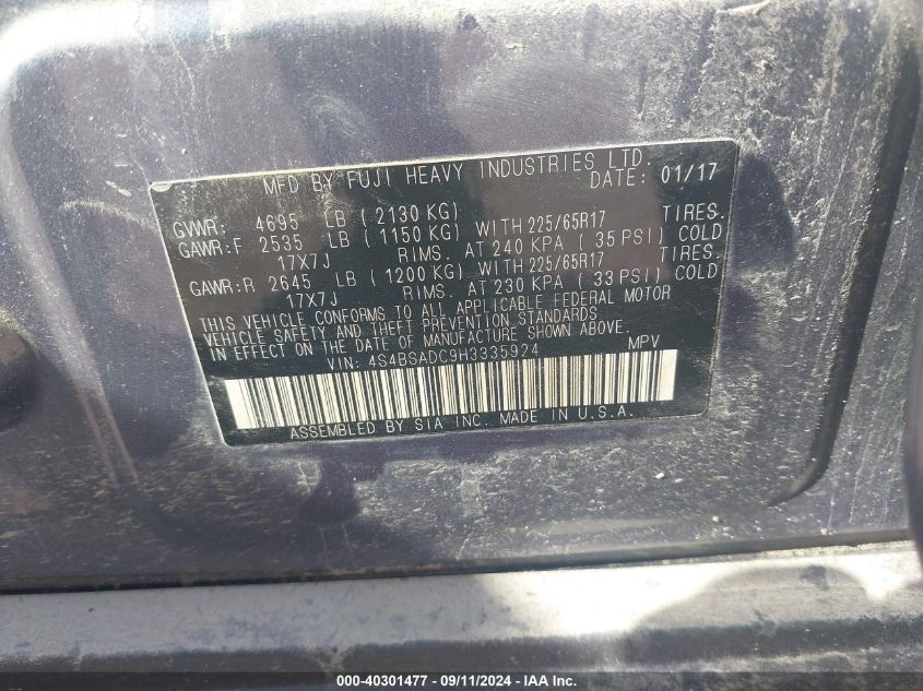 VIN 4S4BSADC9H3335924 2017 Subaru Outback, 2.5I Pre... no.9