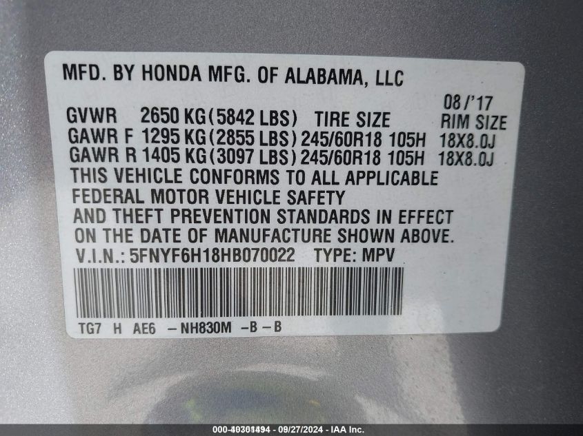 5FNYF6H18HB070022 2017 Honda Pilot Lx