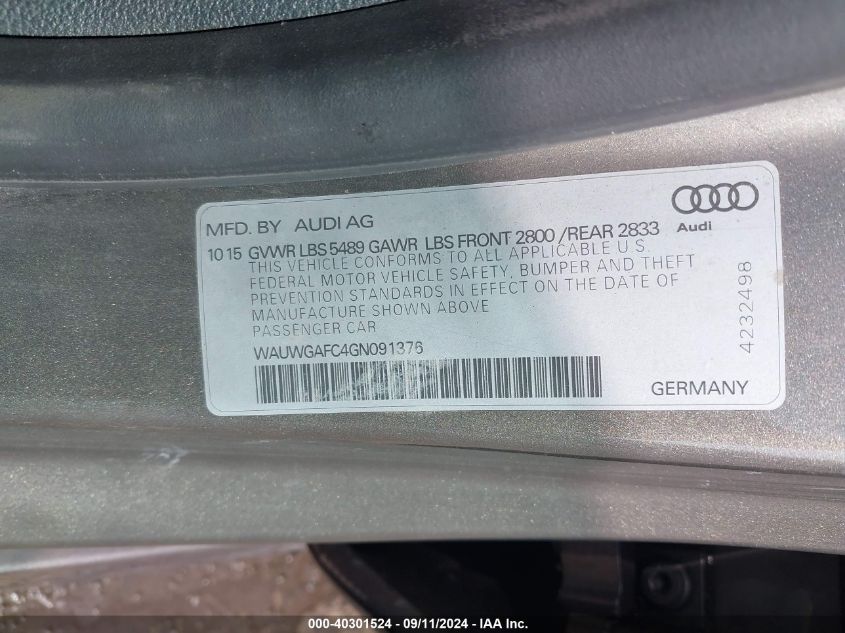 WAUWGAFC4GN091376 2016 Audi A7 3.0T Premium Plus