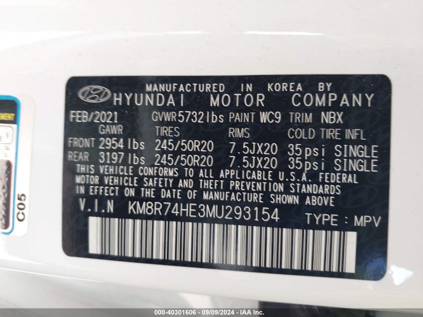 2021 Hyundai Palisade Calligraphy VIN: KM8R74HE3MU293154 Lot: 40301606