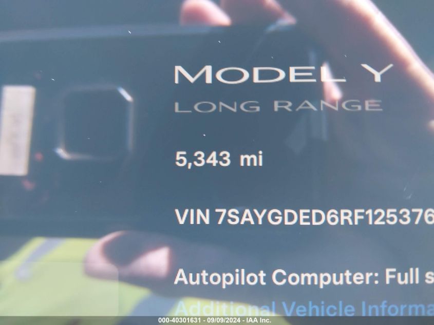 2024 Tesla Model Y Long Range Dual Motor All-Wheel Drive/Rwd VIN: 7SAYGDED6RF125376 Lot: 40301631