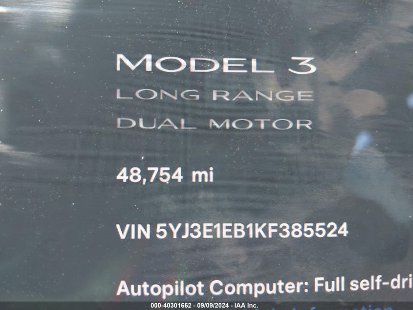 2019 Tesla Model 3 Long Range/Performance VIN: 5YJ3E1EB1KF385524 Lot: 40301662