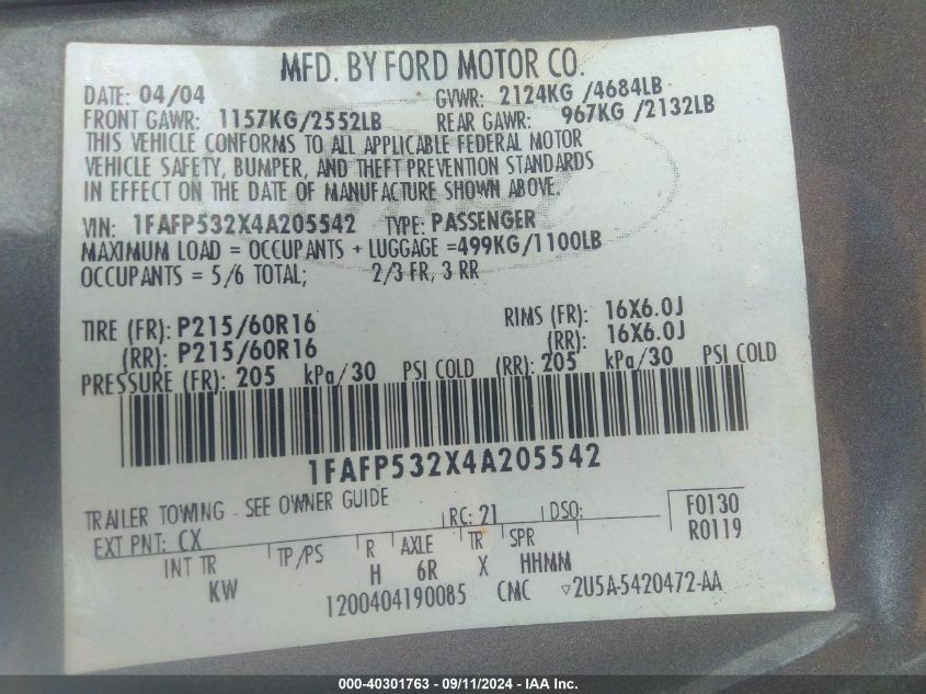 1FAFP532X4A205542 2004 Ford Taurus Se