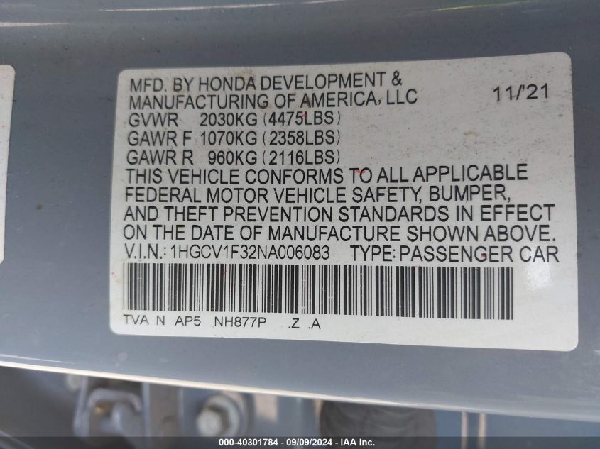 2022 Honda Accord Sport VIN: 1HGCV1F32NA006083 Lot: 40301784