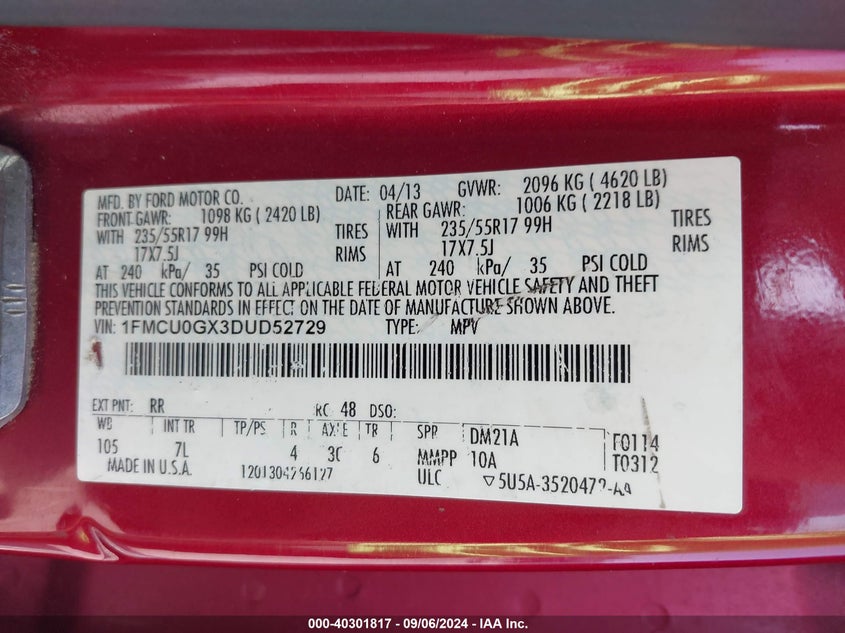 2013 Ford Escape Se VIN: 1FMCU0GX3DUD52729 Lot: 40301817