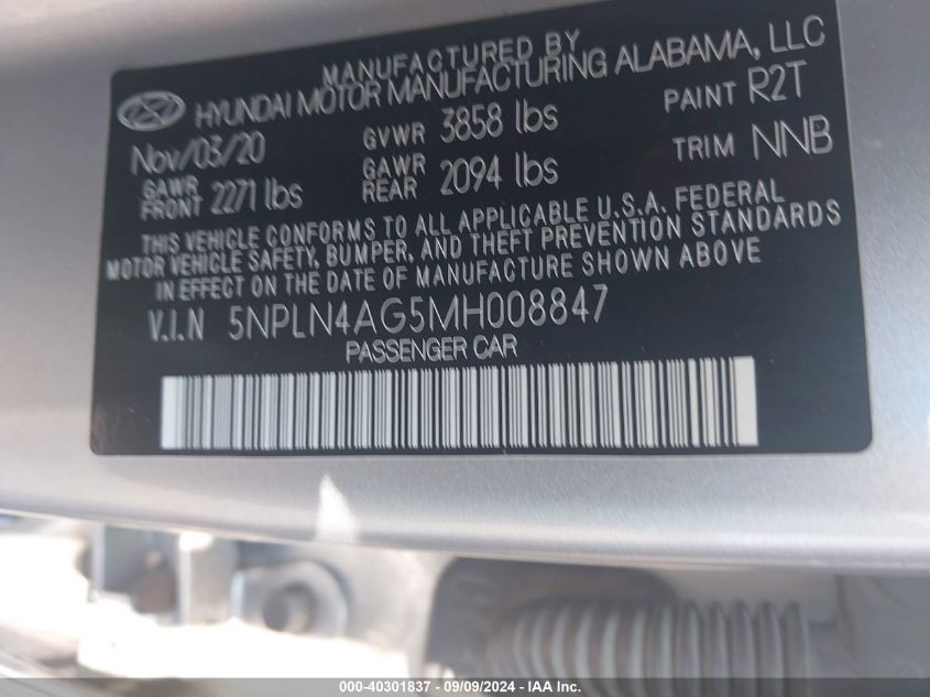 2021 Hyundai Elantra Sel VIN: 5NPLN4AG5MH008847 Lot: 40301837