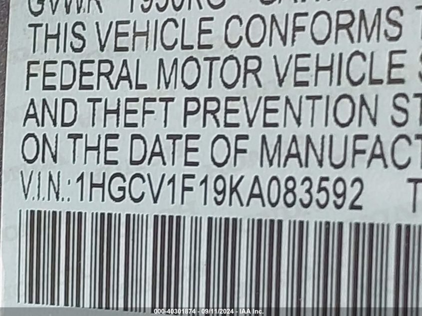 1HGCV1F19KA083592 2019 Honda Accord Lx