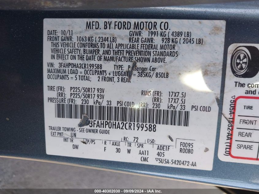 2012 Ford Fusion Se VIN: 3FAHP0HA2CR199588 Lot: 40302030