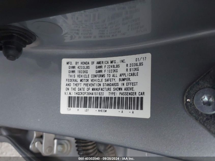 1HGCR2F36HA151920 2017 Honda Accord Lx