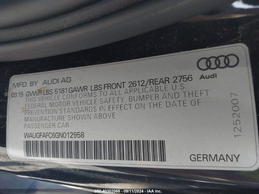 2016 Audi A6 2.0T Premium Plus VIN: WAUGFAFC6GN012958 Lot: 40302068