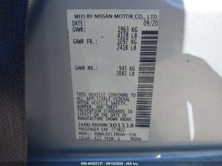 2021 Nissan Altima S VIN: 1N4BL4BVXMN301518 Lot: 40302137