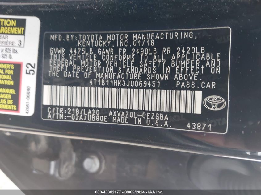 4T1B11HK3JU069451 2018 Toyota Camry Xle