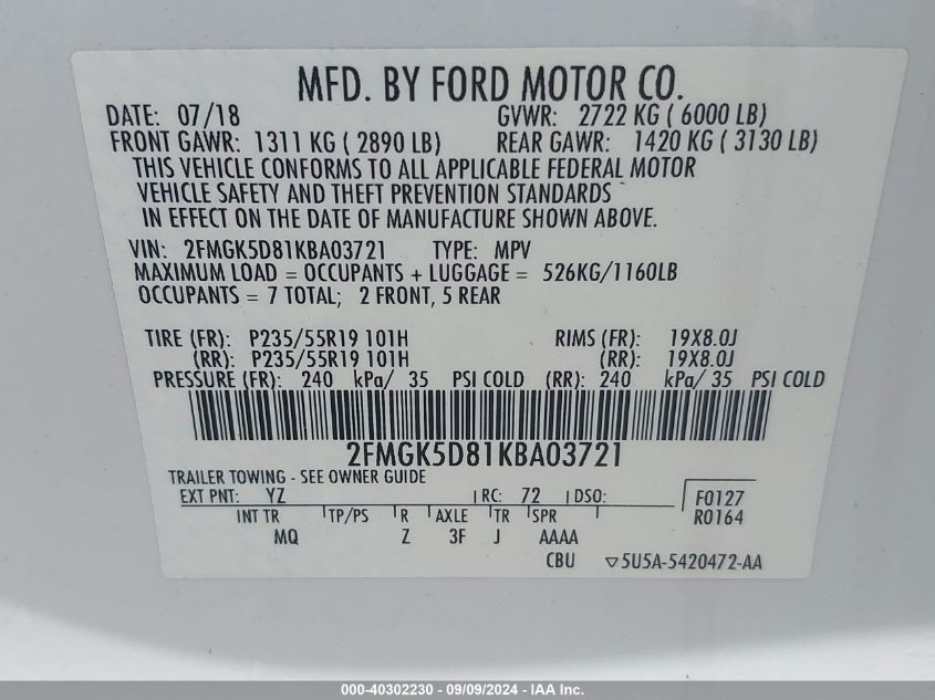 2019 Ford Flex Limited VIN: 2FMGK5D81KBA03721 Lot: 40302230