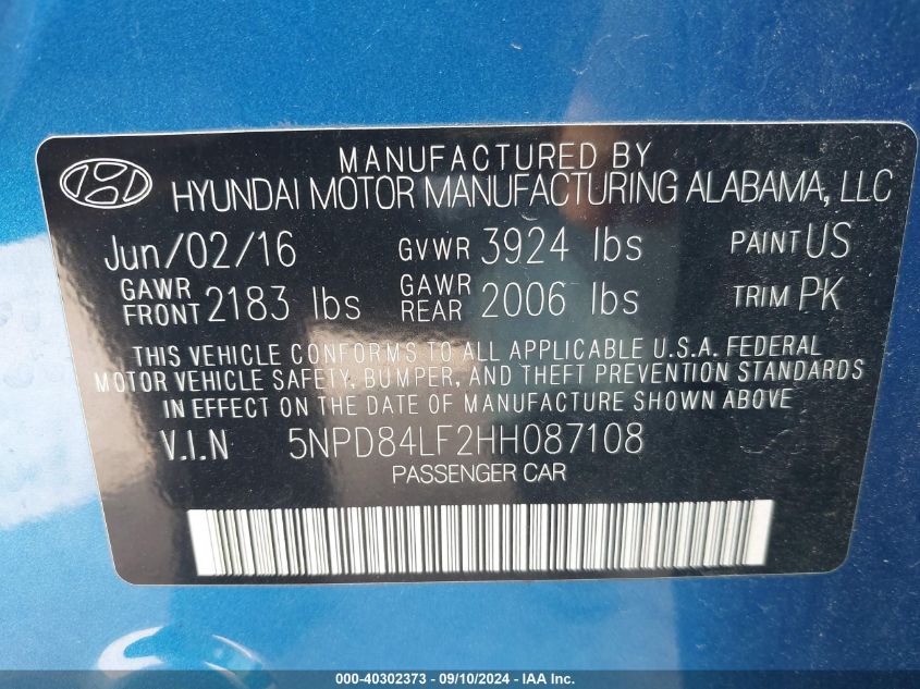 2017 HYUNDAI ELANTRA LIMITED - 5NPD84LF2HH087108