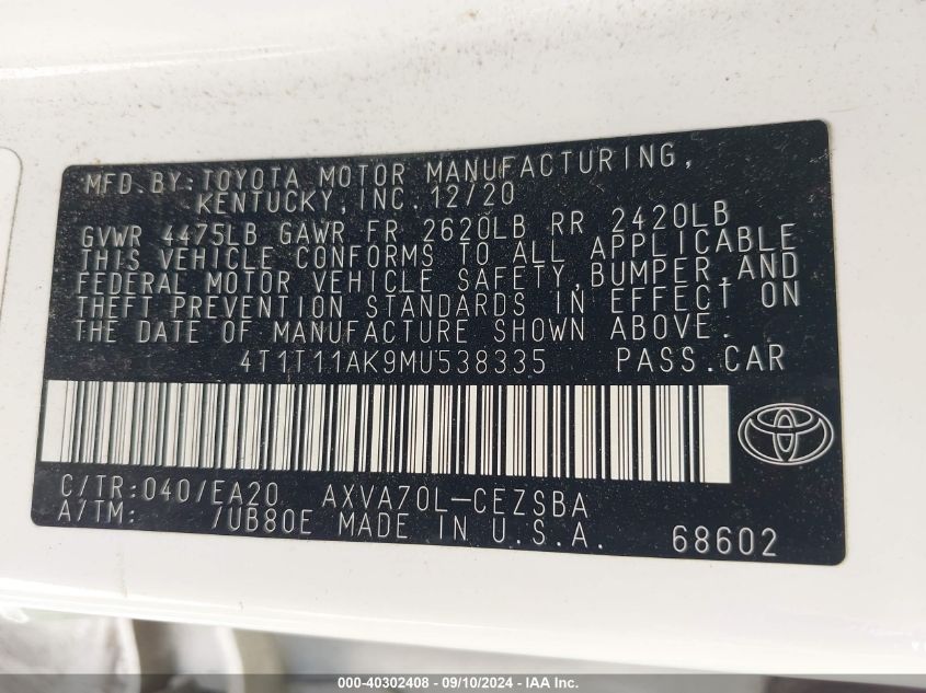 2021 Toyota Camry Se/Night Shade VIN: 4T1T11AK9MU538335 Lot: 40302408