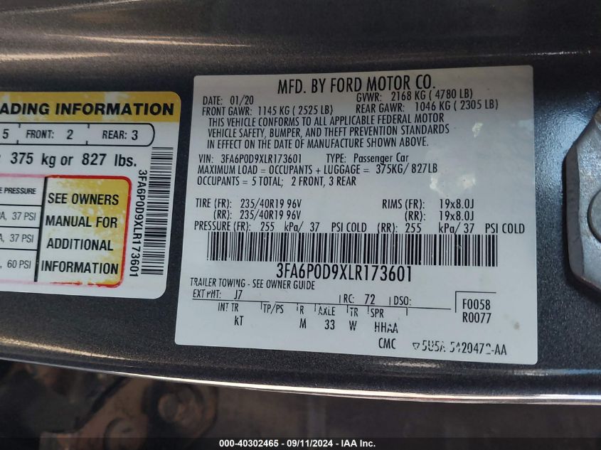 2020 Ford Fusion Titanium VIN: 3FA6P0D9XLR173601 Lot: 40302465